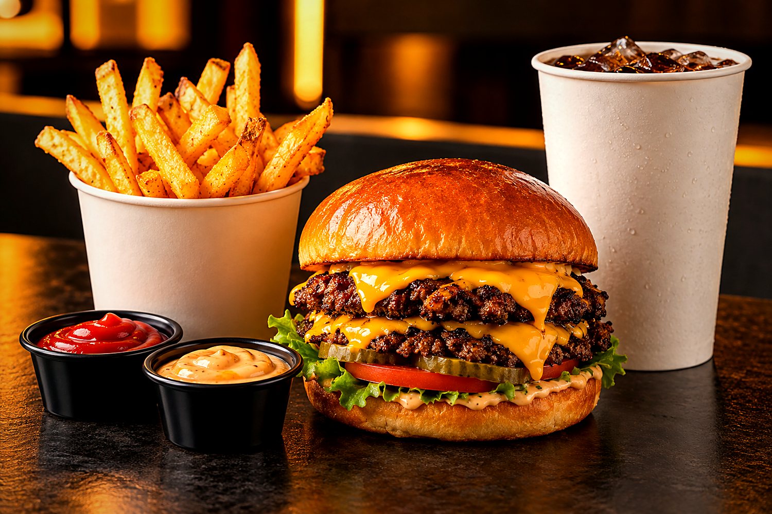 Smash burger with fries, dips and a cold drink